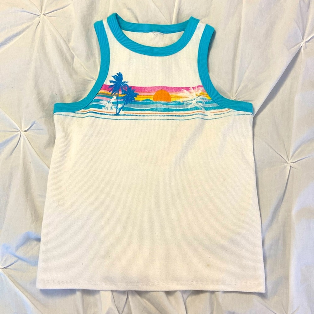 white tropical tank top with blue lining